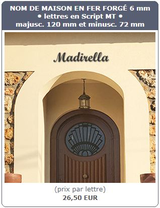 nom de maison en fer forgé en caractères script MT avec thermolaquage noir mat