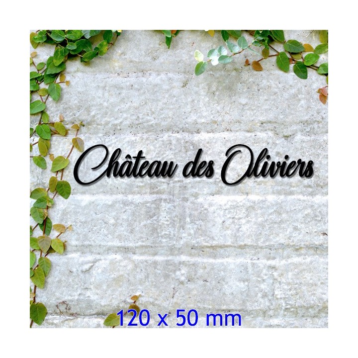 Nom de maison en fer forgé, police de caractères Château des Oliviers, épaisseur 6 mm, dimensions 120 x 50 mm