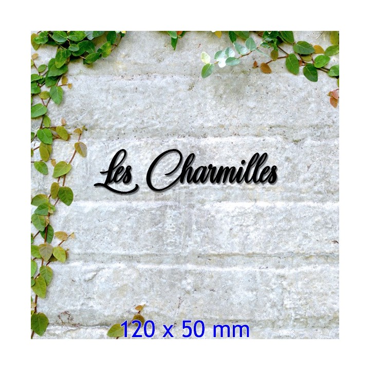 Nom de maison en fer forgé, police de caractères Château des Oliviers, épaisseur 6 mm, dimensions 120 x 50 mm