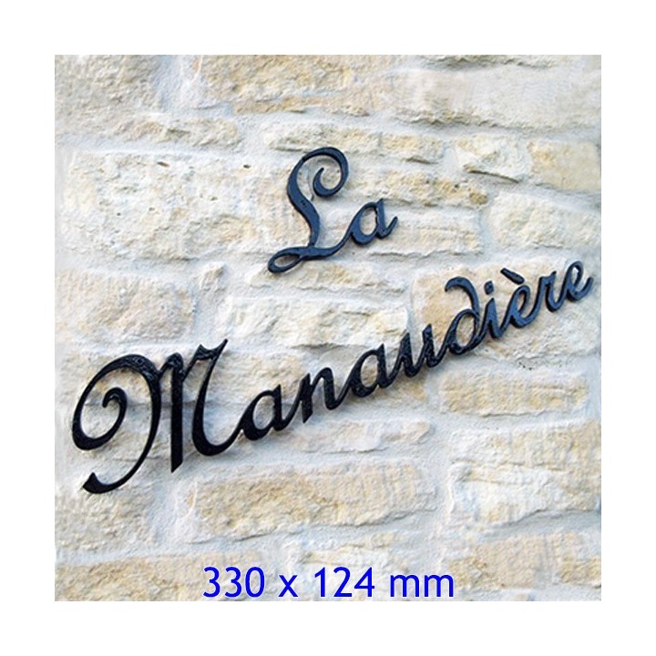 Nom de maison en fer forgé, police de caractères French Script, épaisseur 6 mm, dimensions 330 x 124 mm